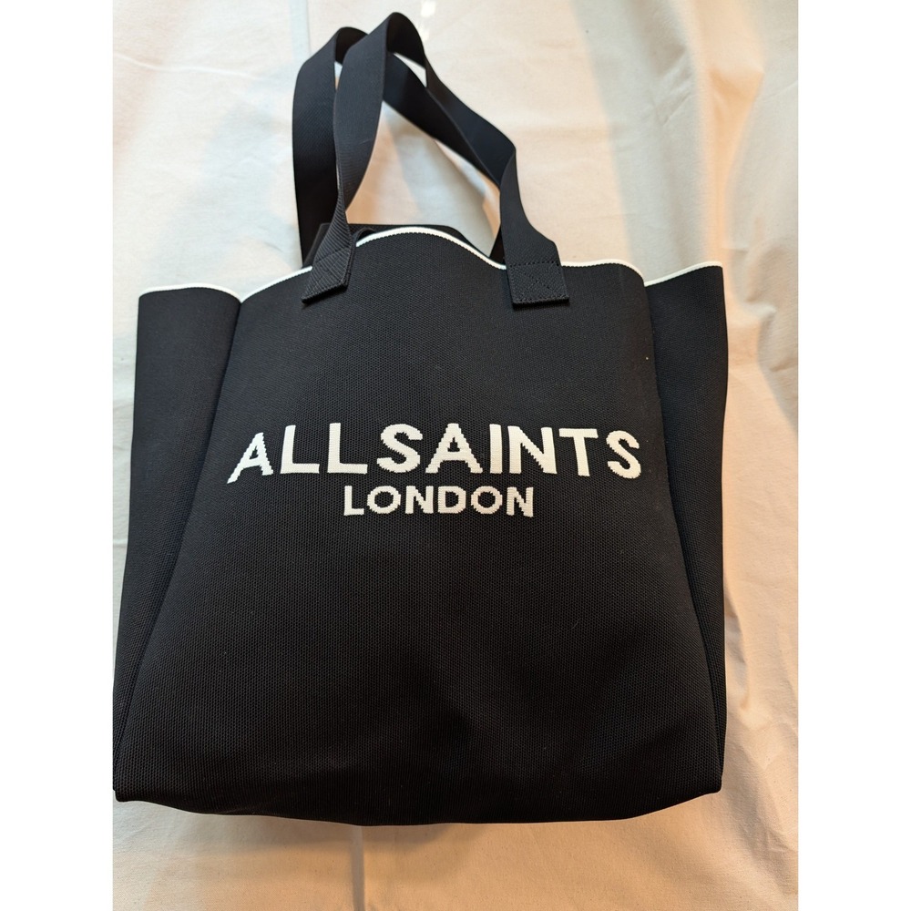 AllSaints London Izzy East West Tote Bag Black White Logo Recycled Knit W311XB